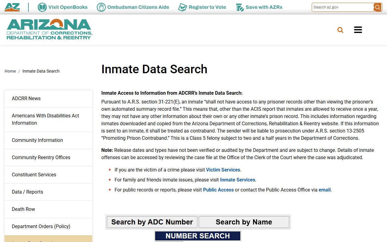 Arizona ADCRR inmate lookup portal for state prison records