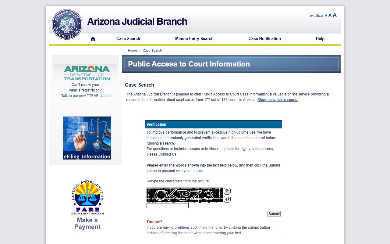 Arizona Courts public access portal for case search