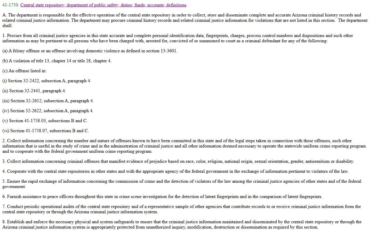 Arizona statute A.R.S. 41-1750 establishing the Central State Repository