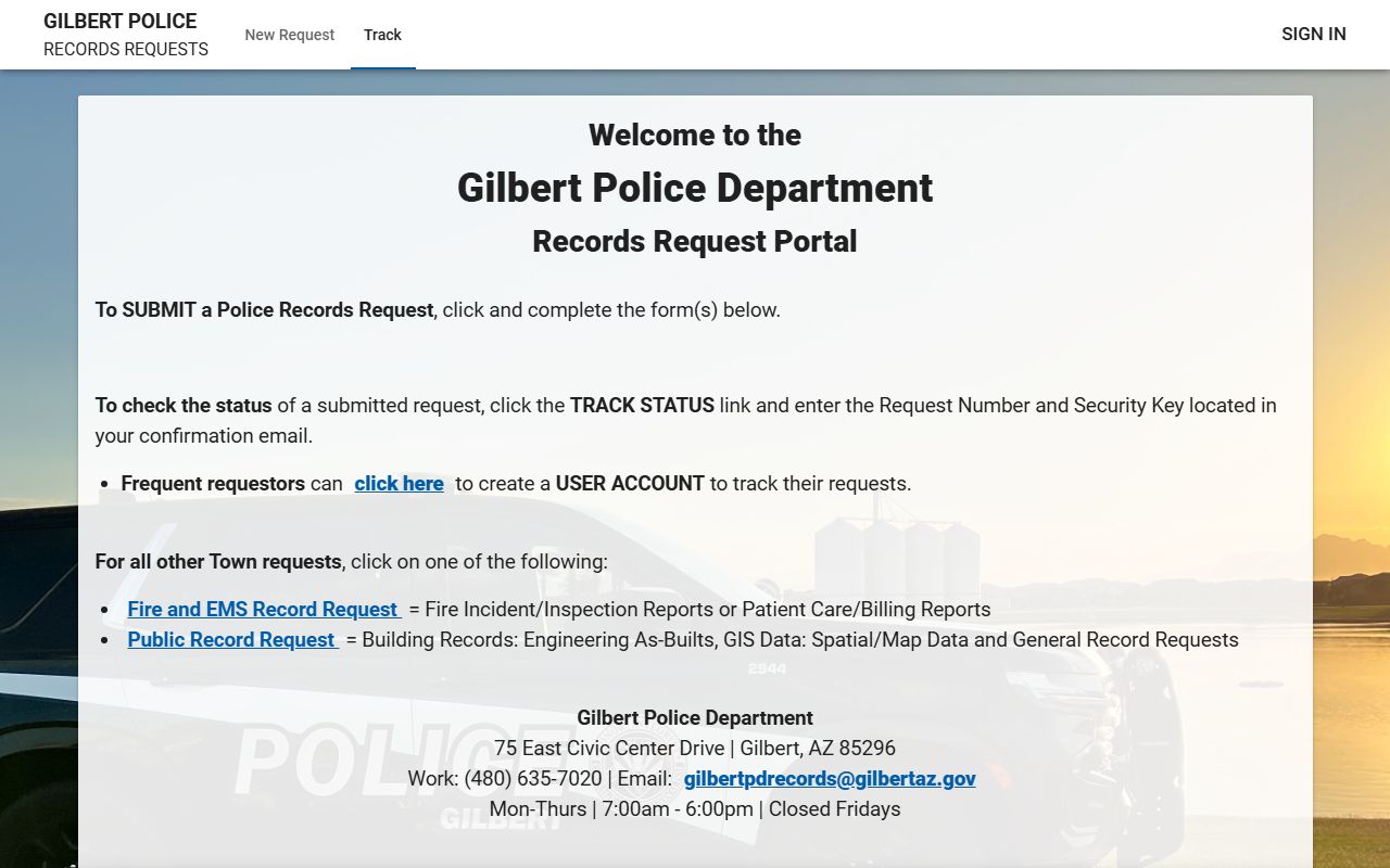 Gilbert Police FOIA portal for requesting inmate and arrest records