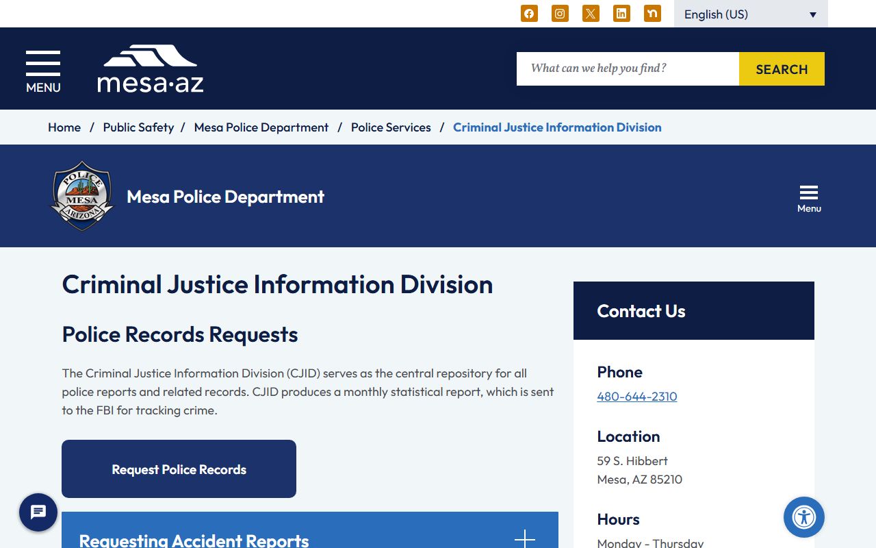 Mesa Police Criminal Justice Information Division records request page