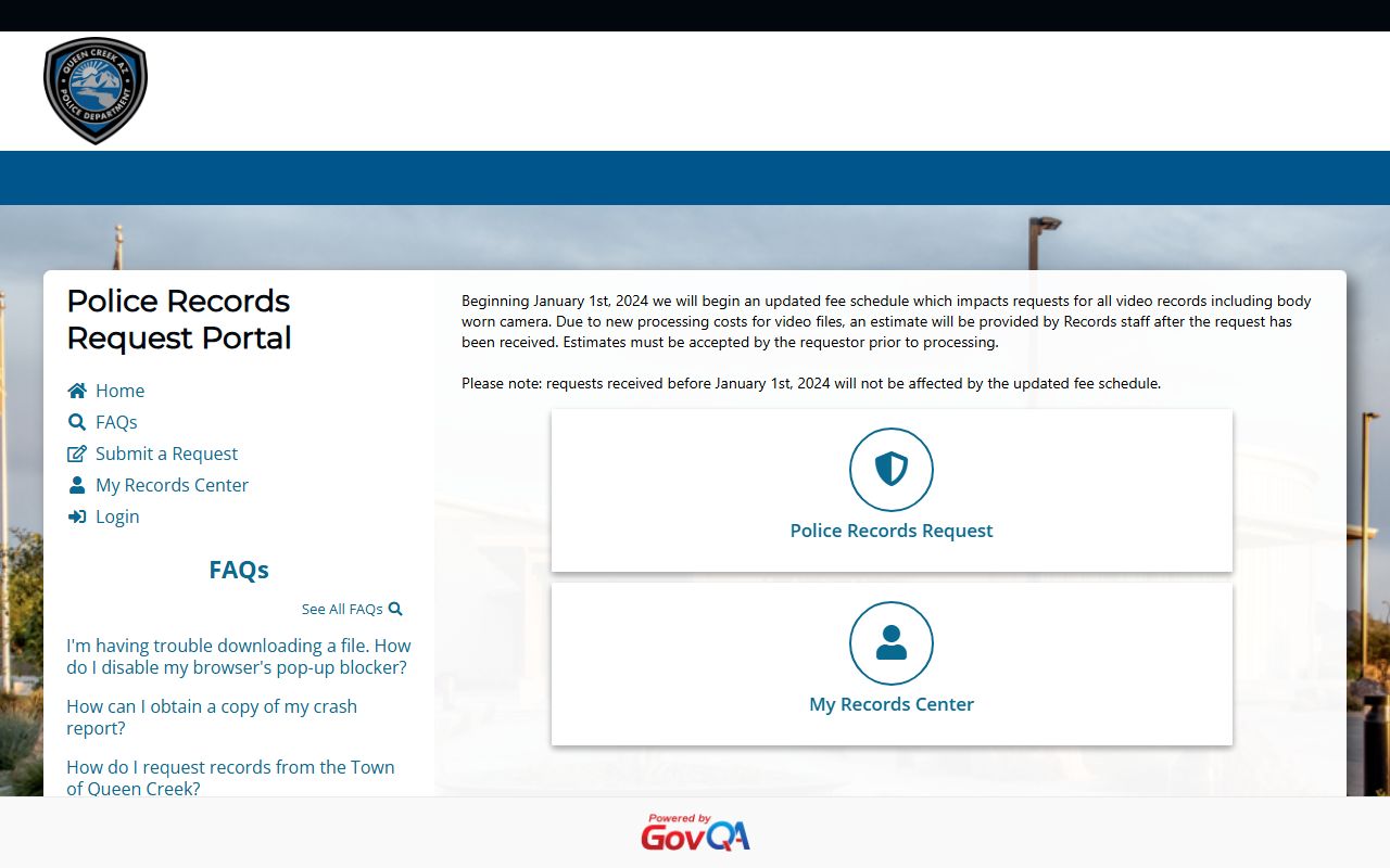 Queen Creek Police Department online records request portal