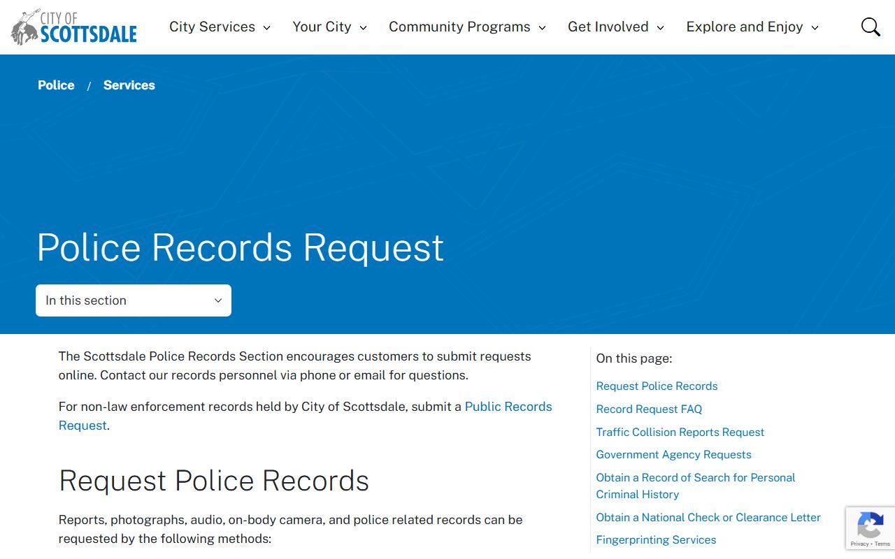 Scottsdale Police records request page for inmate and arrest records