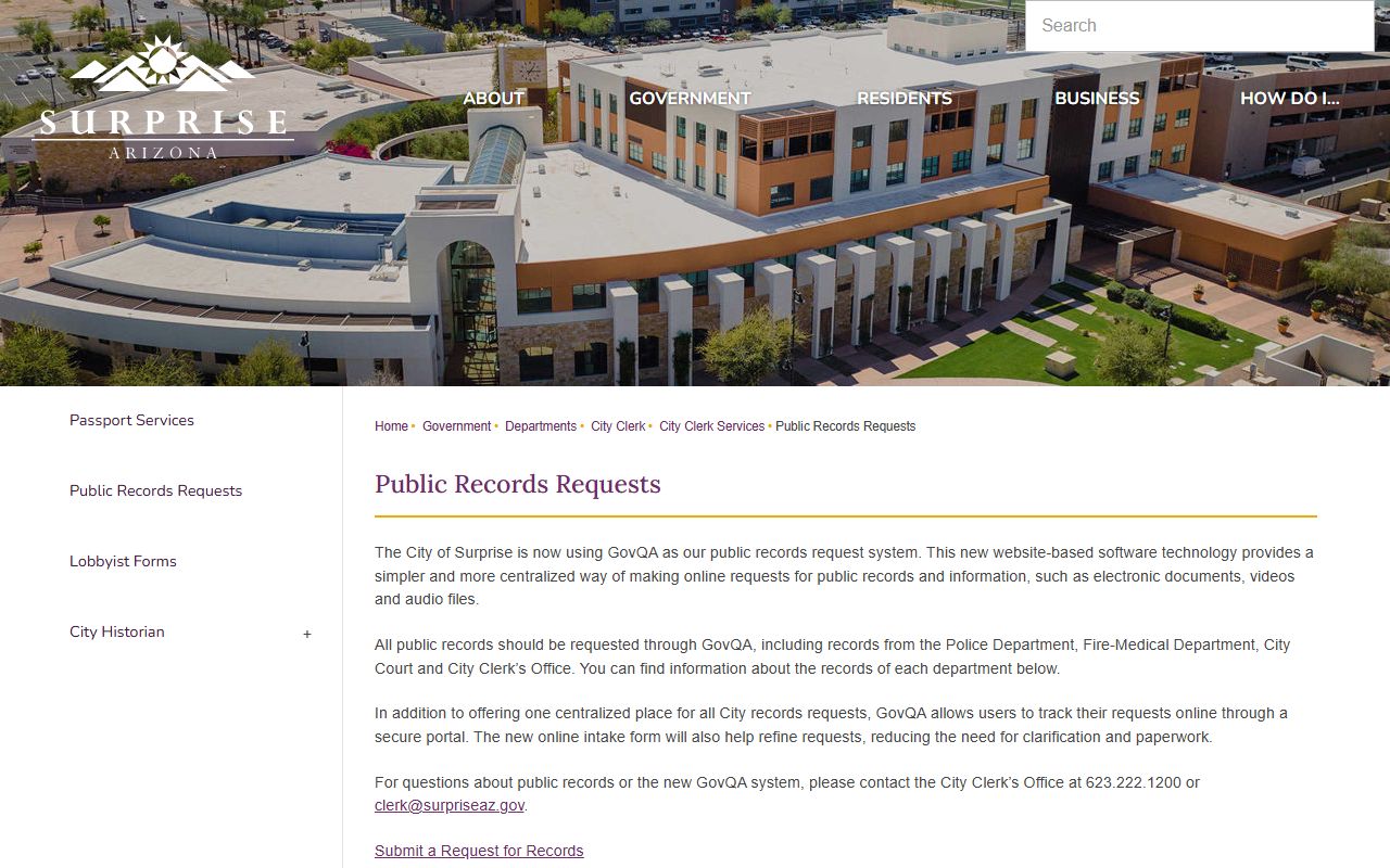 Surprise Arizona public records request page for police reports