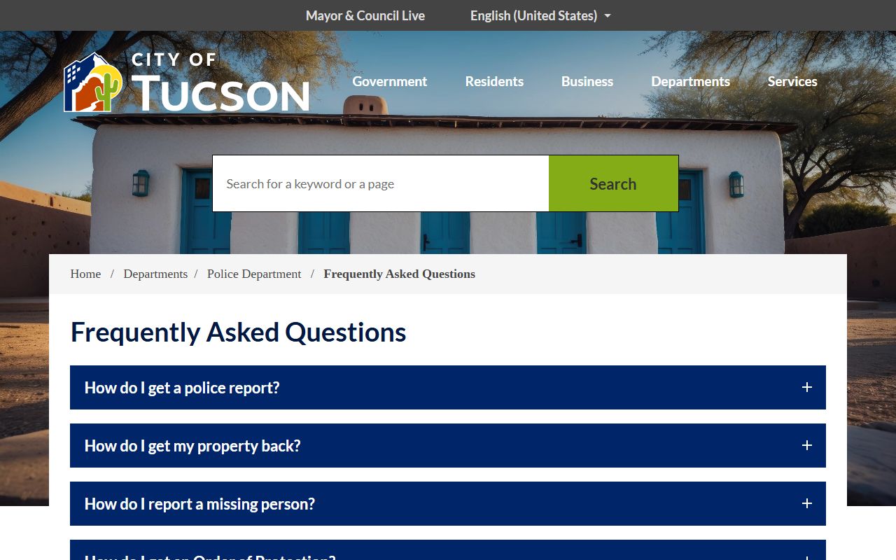 Tucson Police Department FAQ page with inmate records information