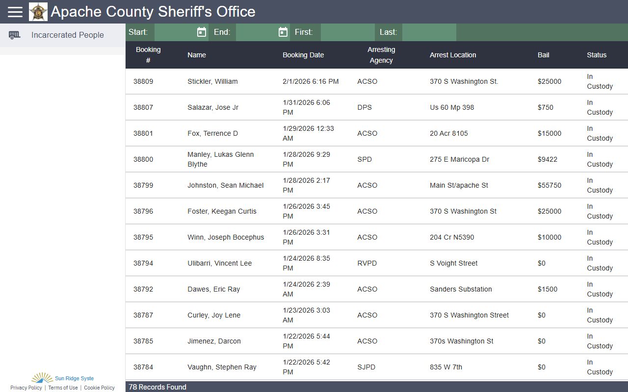 Apache County CitizenRIMS inmate search portal for jail records
