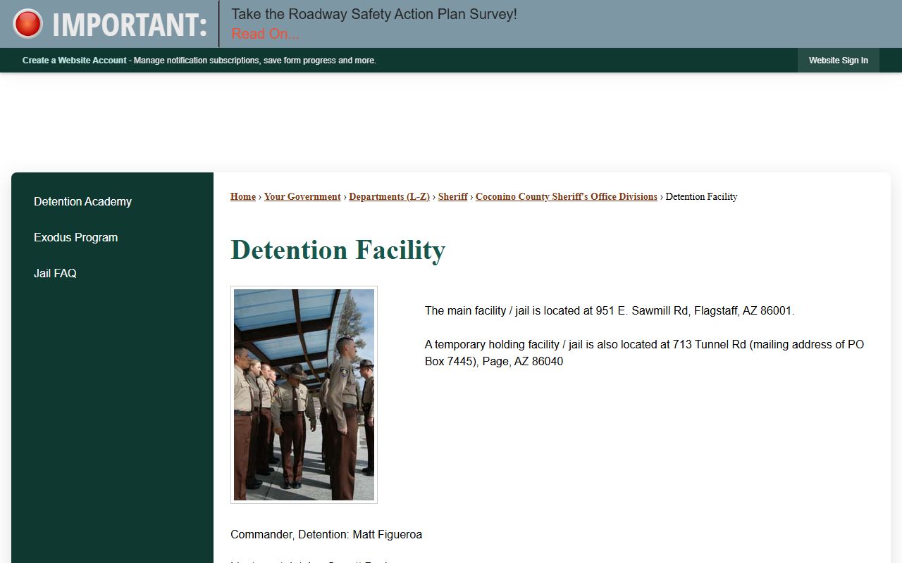 Coconino County Detention Facility information page for inmate records