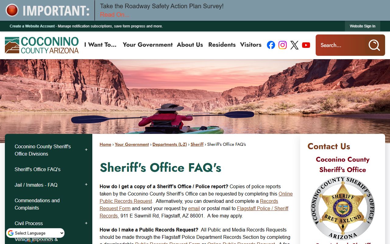 Coconino County Sheriff Office FAQ page about jail and inmate information