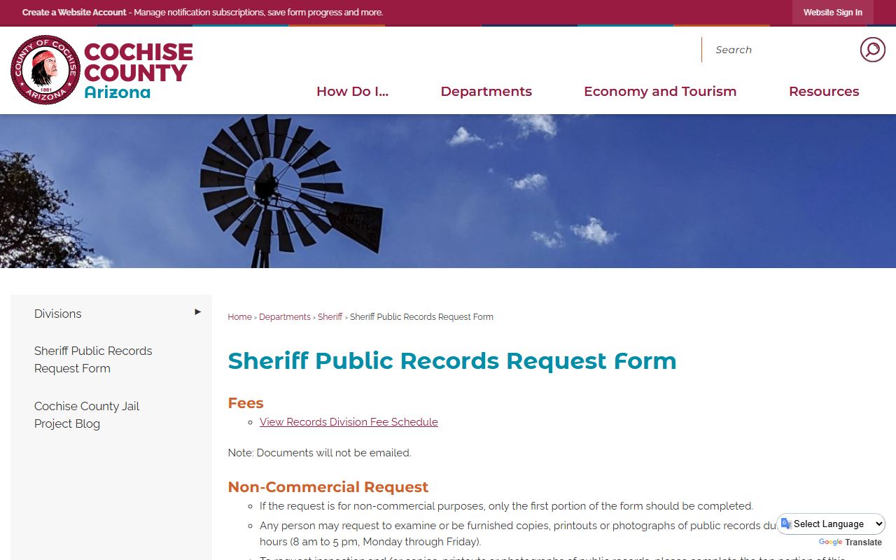 Cochise County Sheriff public records request form for jail records