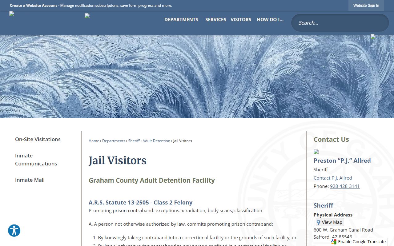 Graham County jail visitor information page