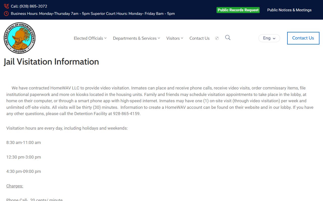 Greenlee County jail visitation information page