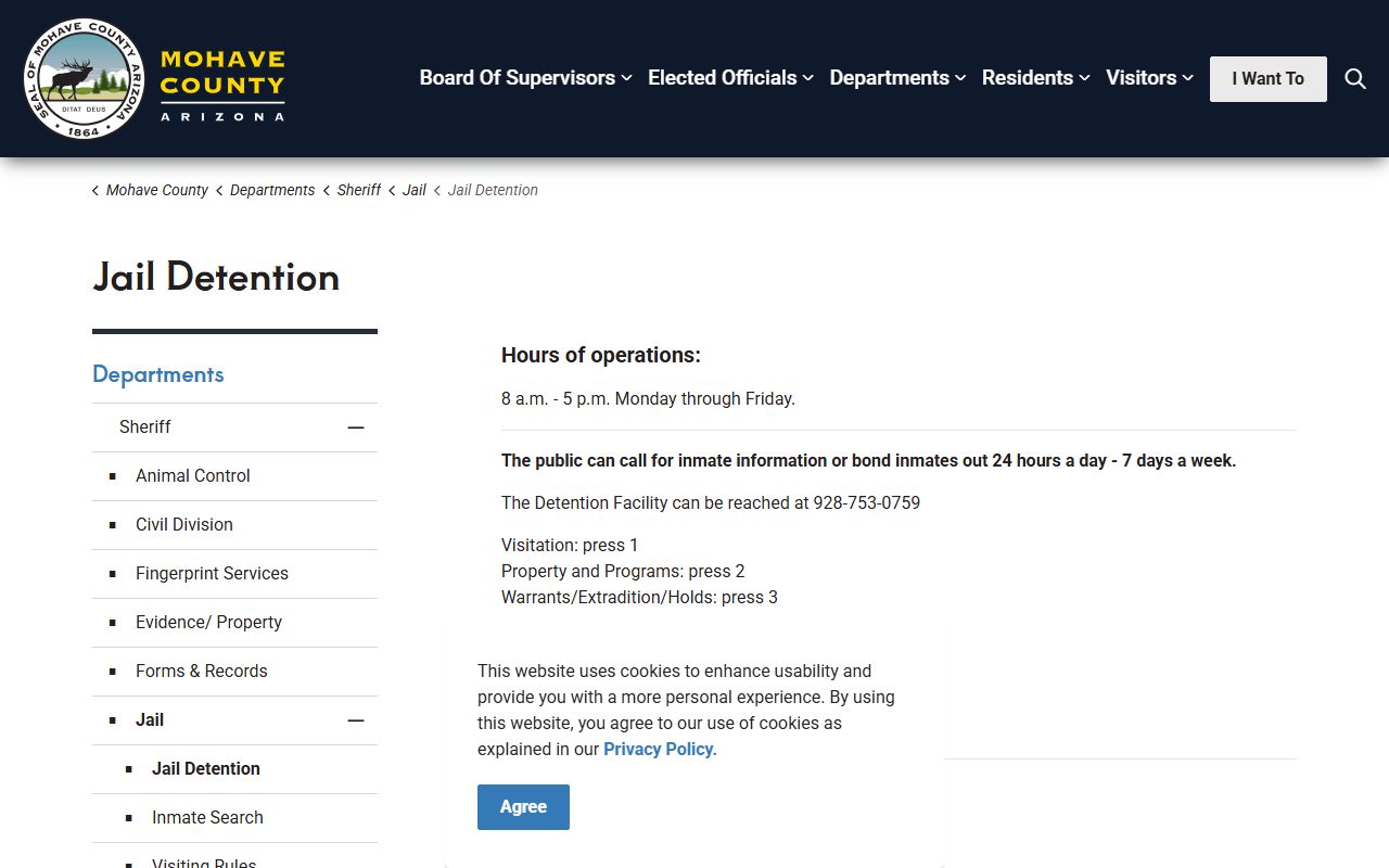 Mohave County jail detention information page for inmate records