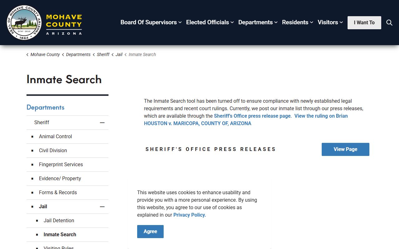 Mohave County Sheriff inmate search page showing service disabled notice