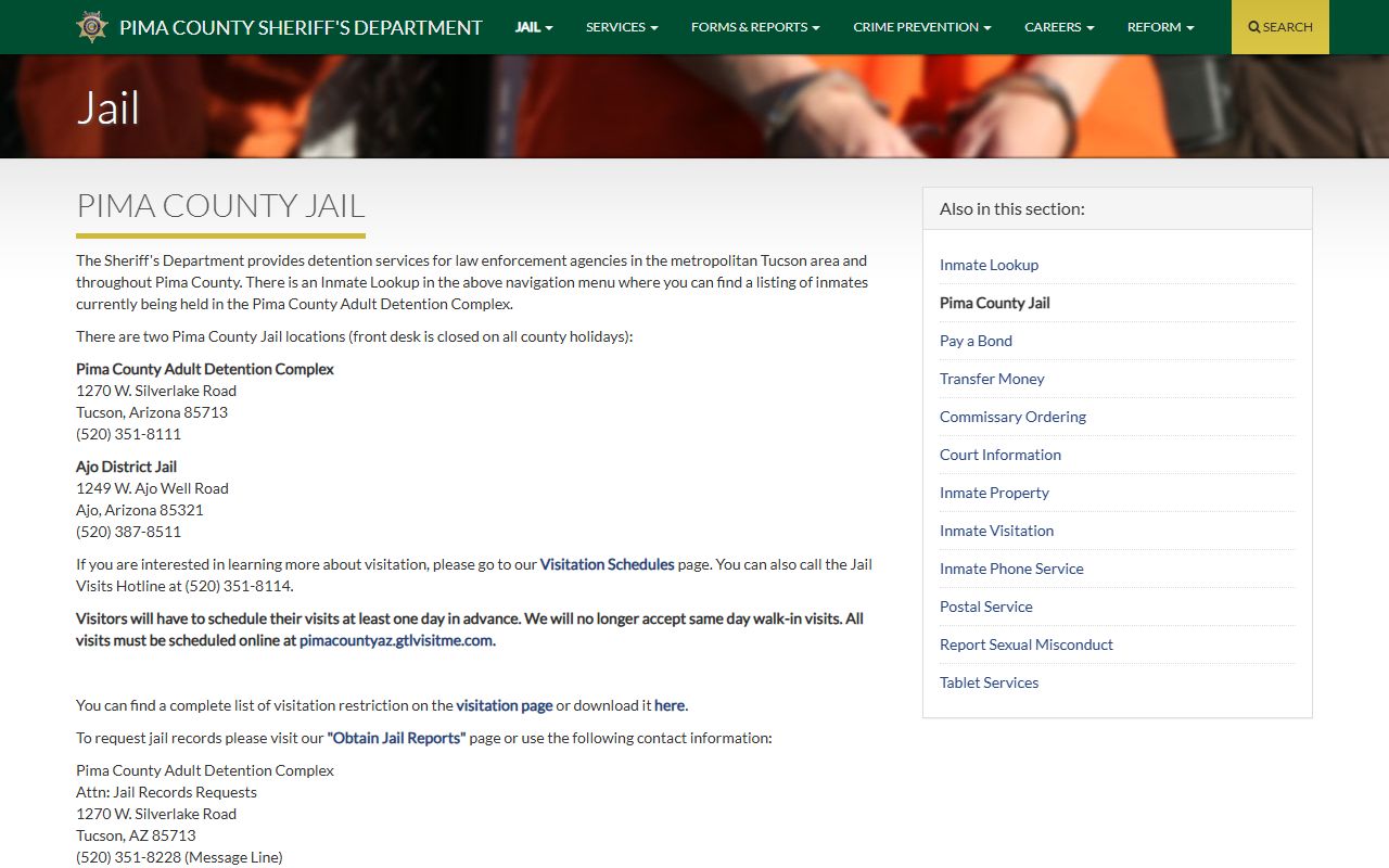 Pima County jail information page for detention records