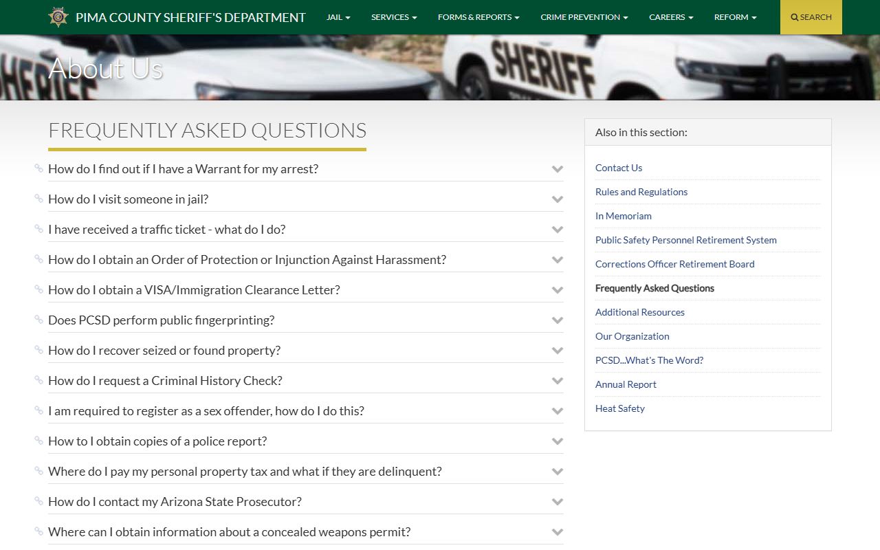 Pima County Sheriff frequently asked questions page