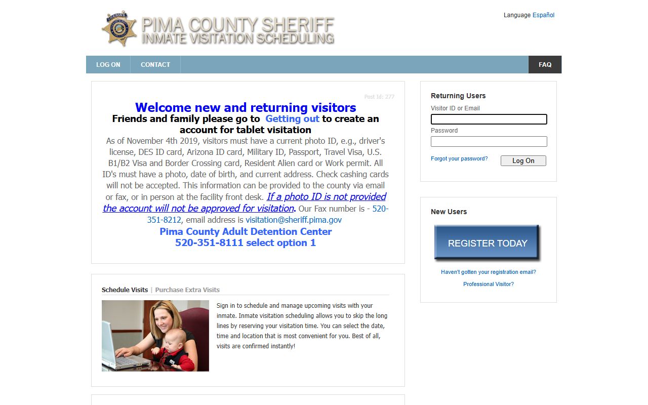 Pima County jail visitation scheduling portal