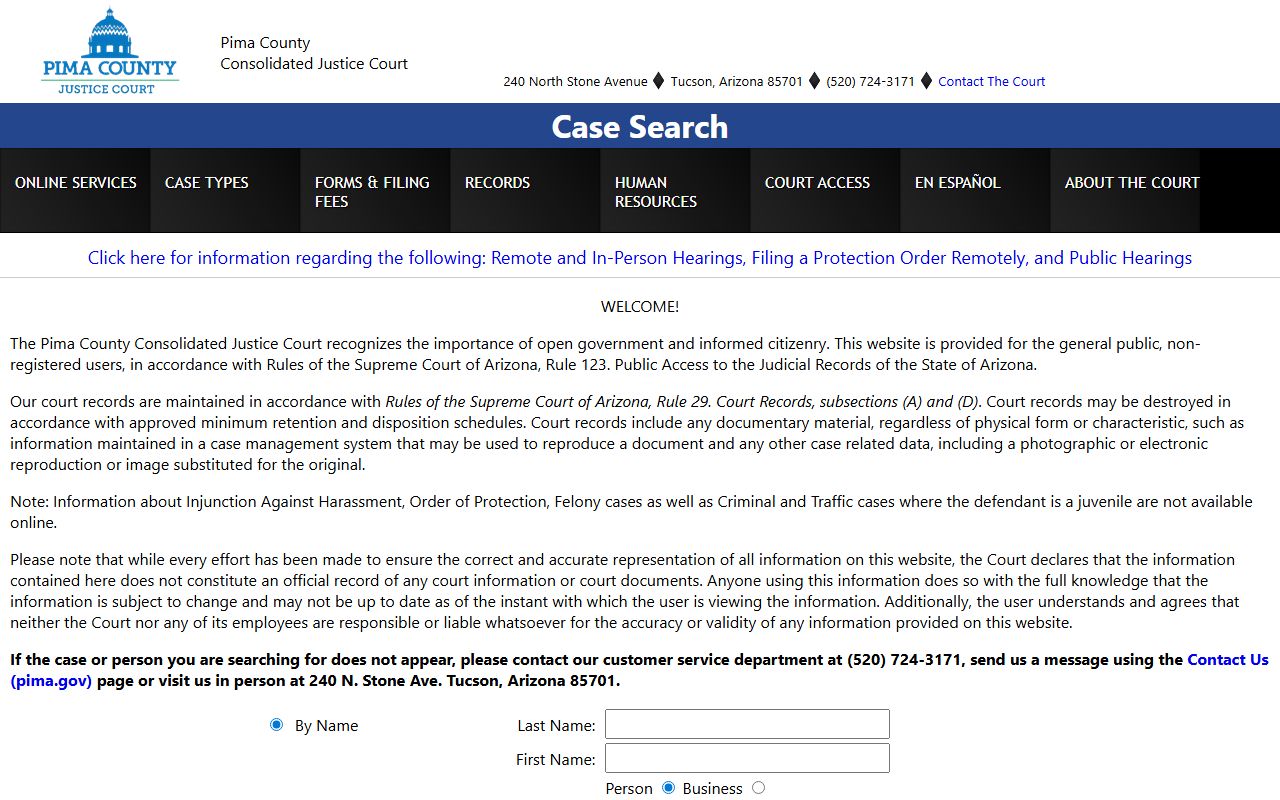 Pima County Justice Court case search database
