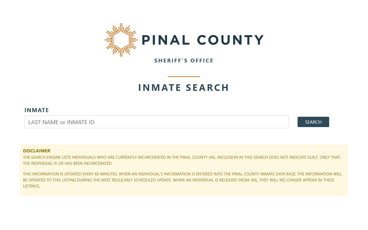 Pinal County inmate search page showing service pause notice