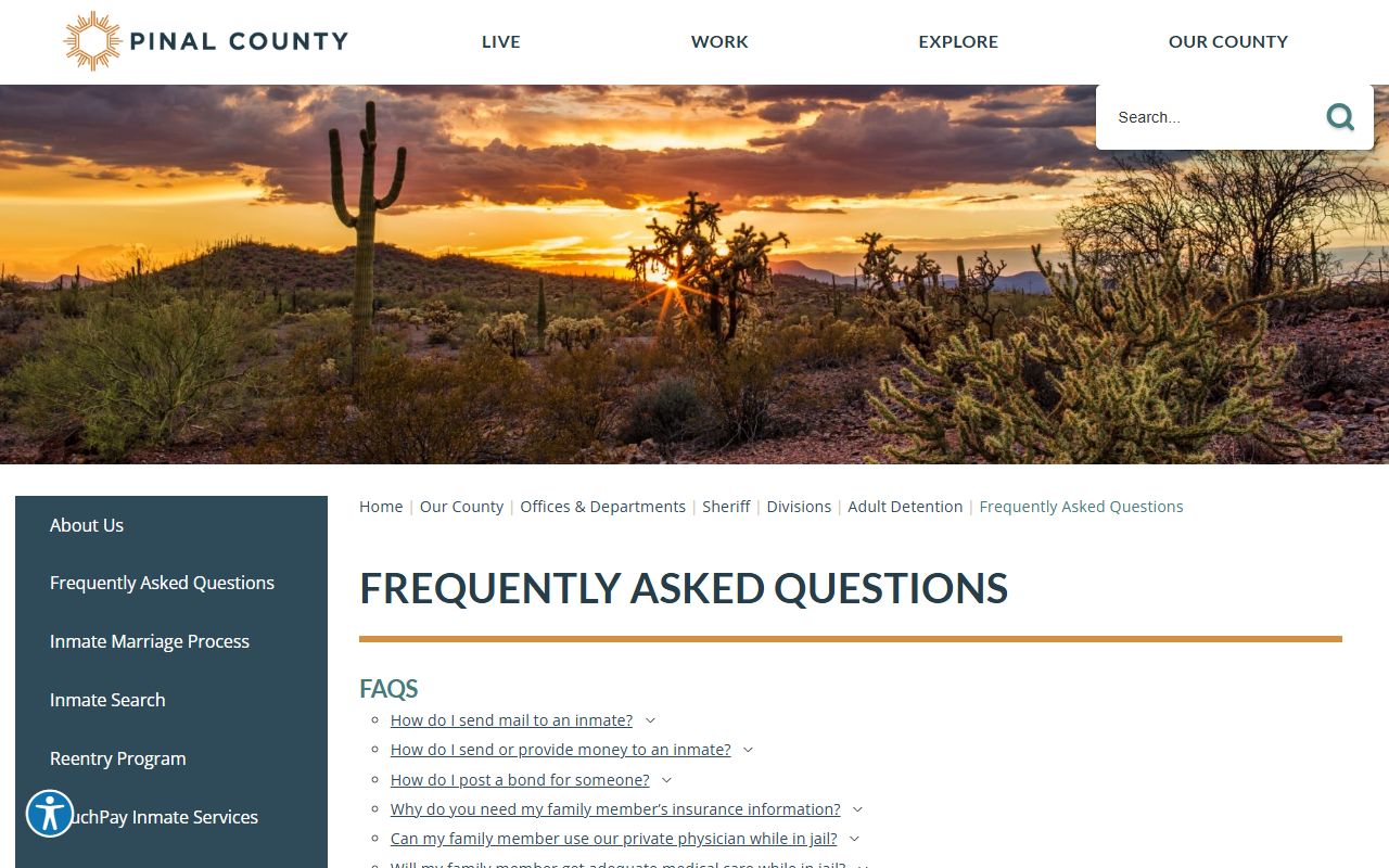 Pinal County jail frequently asked questions page