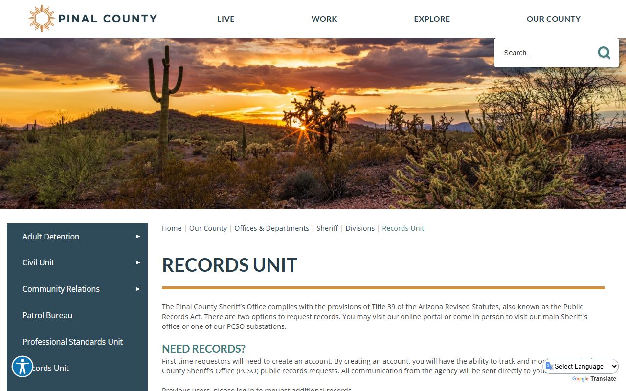 Pinal County Sheriff Records Unit information and fees