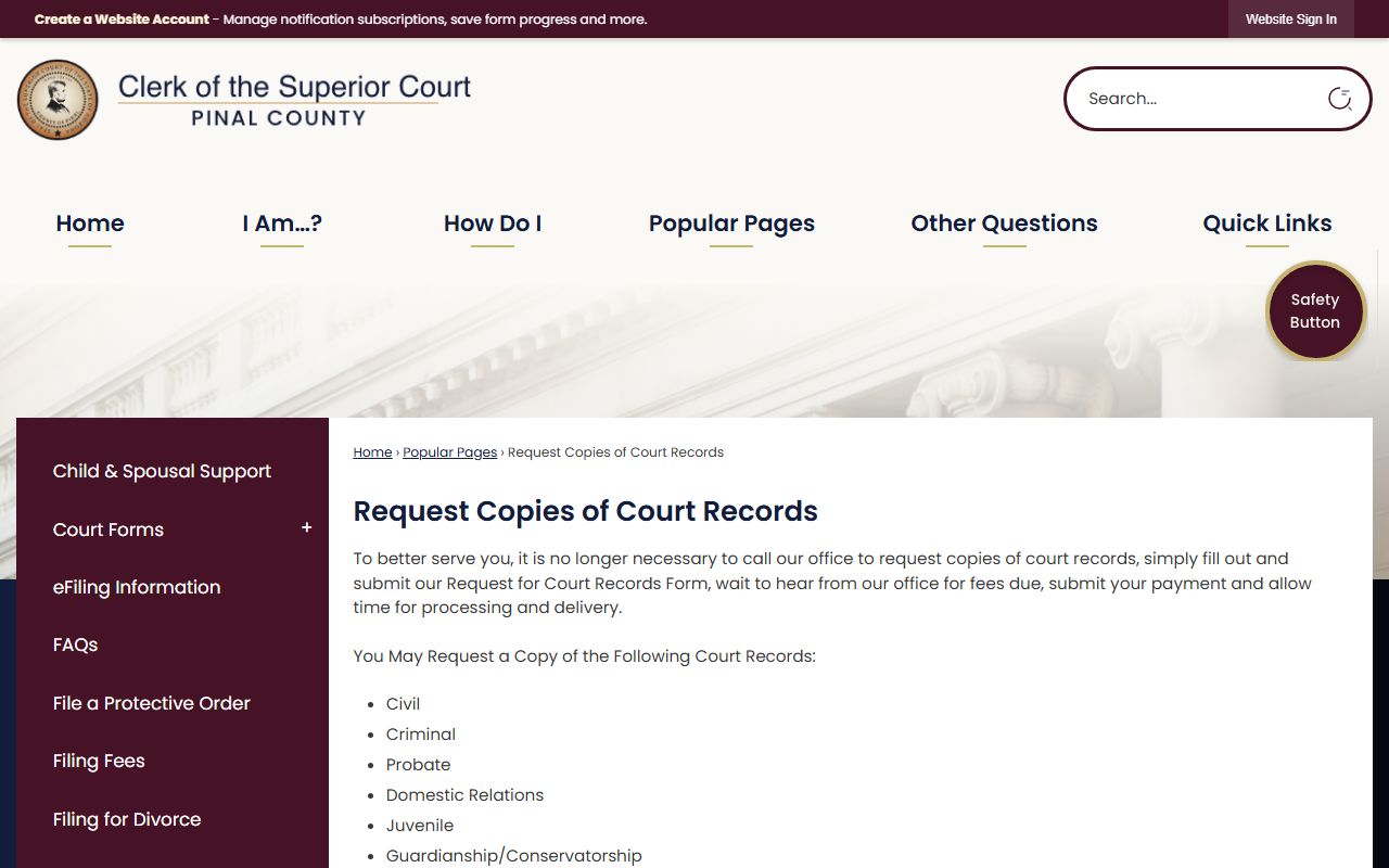 Pinal County Clerk of Court records request information