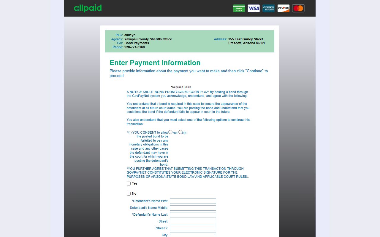 GovPayNow bond payment portal for Yavapai County jail