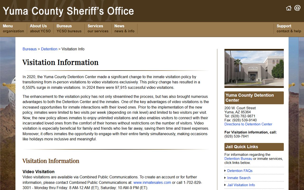 Yuma County Detention Center visitation information page